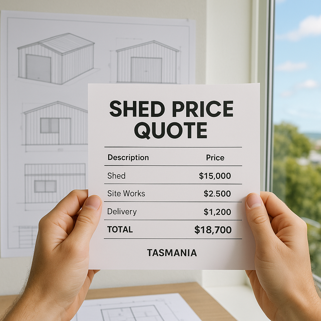 Hands holding a shed price quote sheet in Tasmania