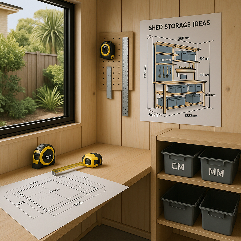 Homeowner reviewing shed plans and council forms for approval in Tasmania